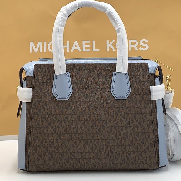 MICHAEL KORS MERCER MEDIUM TOP ZIP BELTED SATCHEL BROWN/ PALE BLUE SIGNATURE - Picture 8 of 16